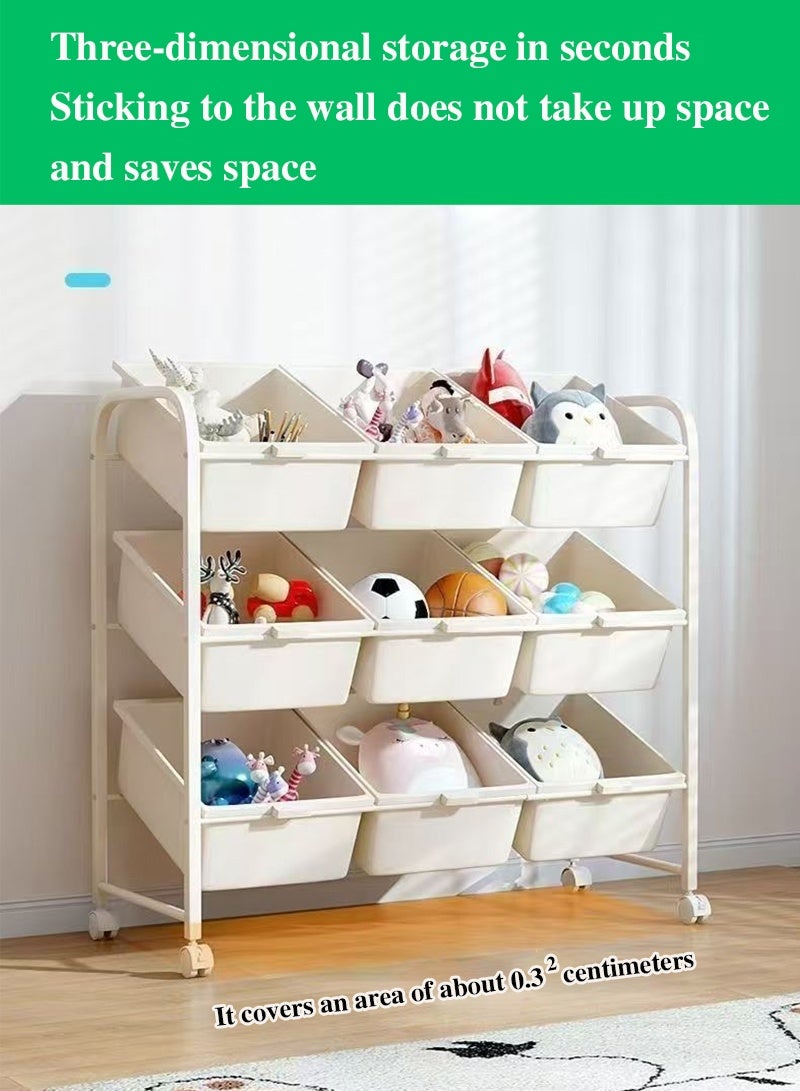 Rawa Three-tier children's toy storage unit with nine removable compartments, serving as both a toddler bookshelf and toy organiser. This contemporary toy rack is ideal for children's bedrooms, playrooms and nurseries. - Image 3